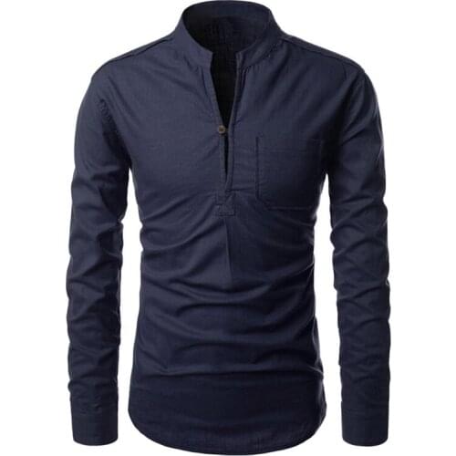 Mens Slim Long Sleeve Pullover One Button Solid Color Casual Shirt Stand Collar Slim Fit Shirt Men Mens Fashion Clothing Trends