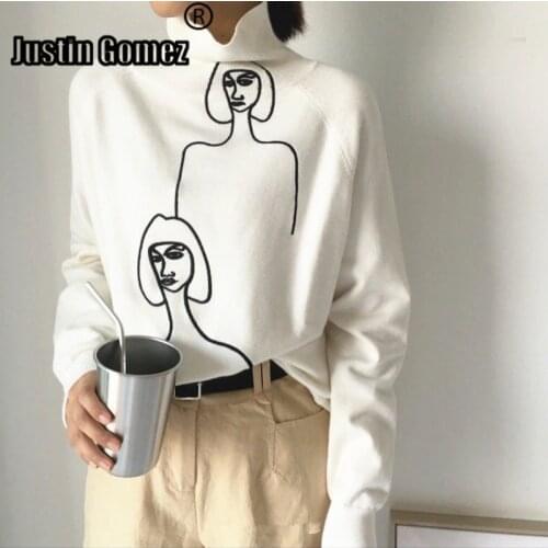 2021 Autumn Winter New Turtleneck Abstract People Print Irregular Ladies Loose Pullover Knitted Sweater For Women