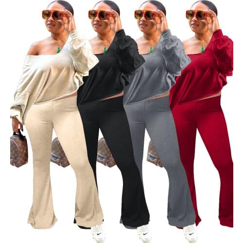 Echoine autumn Women Active Wear Two Piece Set Loose T-shirt Wide Leg Flare Bellbottom Pants Tracksuit Office Fitness Outfit