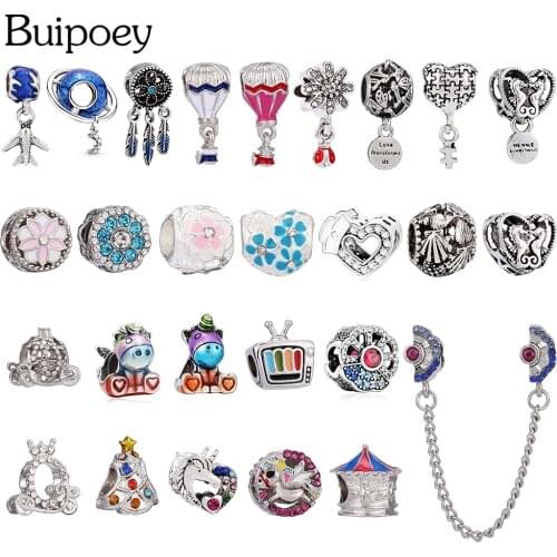 Buipoey 1pcs Blue Planet Beaded Hot Air Balloon Dangle Charm Fit Bracelets Pumpkin Car Unicorn Dream Catcher Bead Accessory