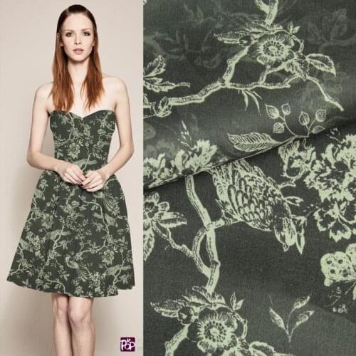 Plant and bird design on black pure silk gauze silk fabric transparent,SOZ154
