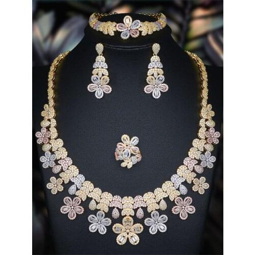 EYER Flower Leaf Luxury Women Nigerian Wedding Naija Bride Cubic Zirconia Multicolor Necklace Dubai 4PCS Dress Jewelry Set