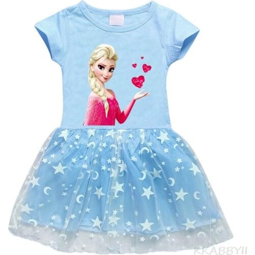 Frozen Kids Cotton Summer Girls Short Sleeve Dresses Cartoon Wavelet point for Baby Girl Clothes