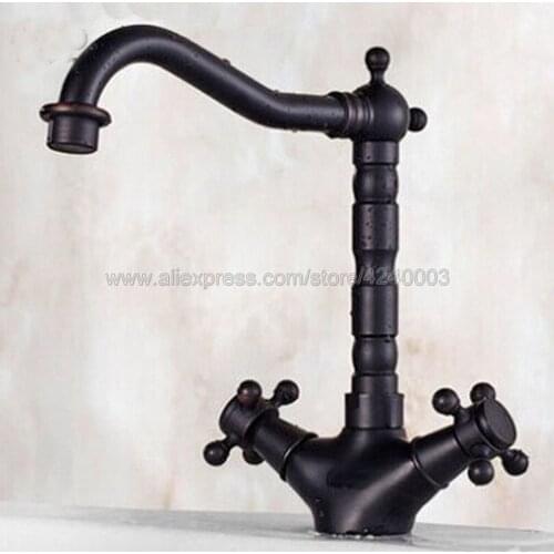 Basin Faucets Black Brass Bathroom Sink Faucet 360 Degree Swivel Spout Double Cross Handle Bath kitchen Mixer Taps Knf033