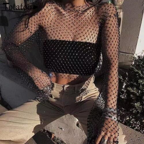 Totatoop Crystal Diamond Fishnet Sexy T Shirts Women Hollow Out Shiny Rhinestone See Through Summer Beachwear Club Crop Tops