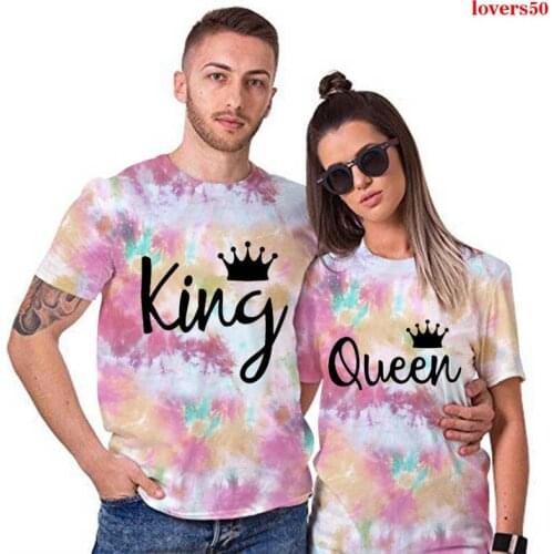 Tie Dye KING QUEEN Crown Print Couple T Shirt Lovers Short Sleeve O Neck Tshirt Women Man Fashion Tee Shirt Tops Clothes Goth