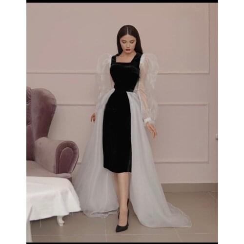 Verngo New Modern White And Black Evening Dresses Puff Long Sleeves Velour Prom Gowns With Detachable Organza Party Formal Dress