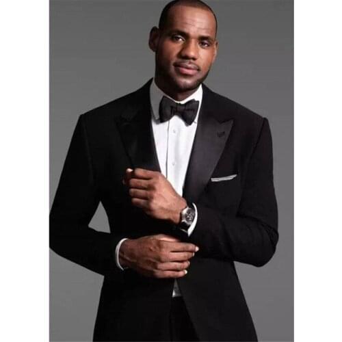 High Quality One Button Black Groom Tuxedos Peak Lapel Groomsmen Mens Wedding Suits Blazers (Jacket+Pants+Tie) W:654