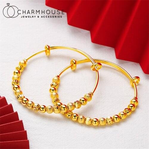 Yellow Gold GP Bangles For Women Multi Beads Charm Bangle & Bracelet Wristband Pulseira Femme Trendy Jewelry Anniversary Gifts