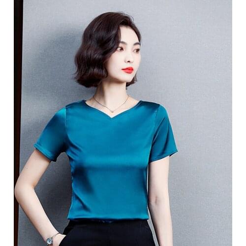 Summer Korean Fashion Silk T-shirts for Women Vintage Satin Tops for Women Short Sleeves Loose Office Lady Shirts