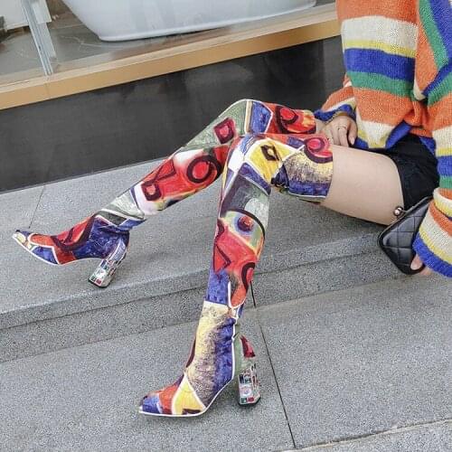 ASHIOFU Handmade 2020 New Ladies Chunky Heel Over Knee Boots Printing European&American Style Thigh High Boots Fashion Boots