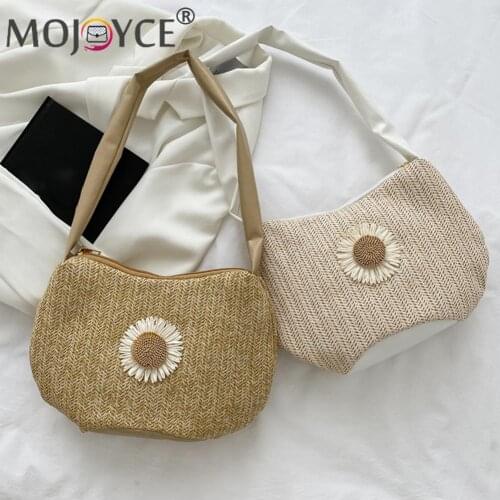 Retro Women Woven Shoulder Underarm Bag Ladies Beach Vacation Sunflower Handbags Rattan Female Summer Woven Underarm Bags