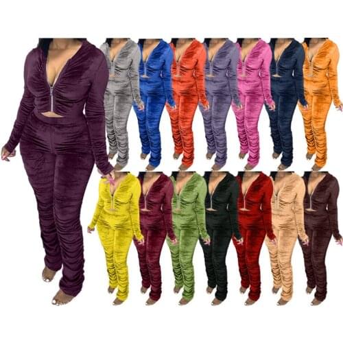 Fashion Two Piece Set Autumn Women Solid Long Sleeve Zipper Pleat Hooded Crop Top Velvet Skinny Pants Matching Set Streetwear