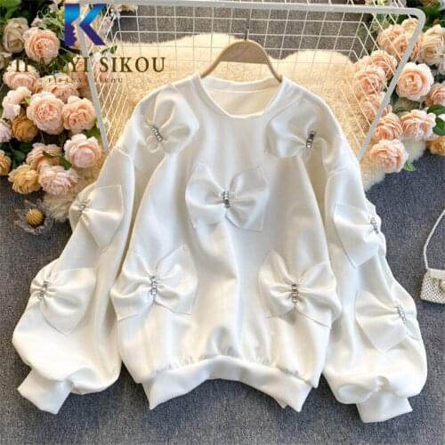 2021 New Spring Women Sweatshirt Bow Beading O-Neck Hoodies Fashion Puff Sleeve Loose Pullovers Female Casual White Sweatshirts