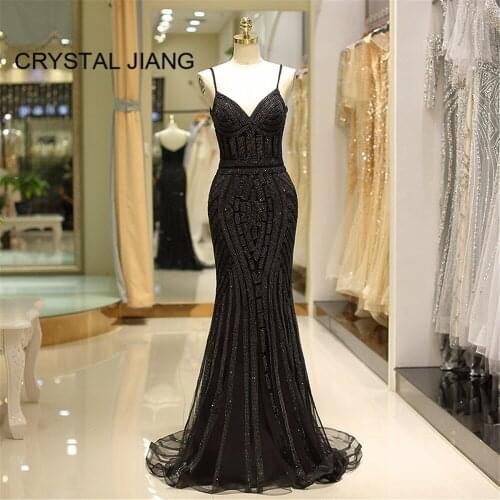 CRYSTAL JIANG 2018 Sexy V Neck Spaghetti Straps Black Sequins Evening Gown Mermaid Open Back Women Evening Dresses