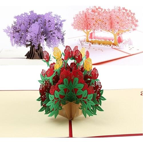 3pcs Greeting Cards Cut Post Beautiful Flower 3D Pop Up Card for Wife Mother Birthday Christmas Wedding Valentine Day PartyGift