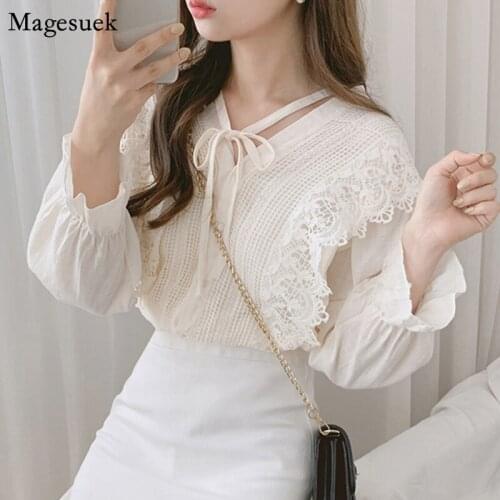 New Spring Lace Floral White Blouse Shirt V-neck Vintage Solid Blouses Women Casual Office Ladies Tops Shirts Blusas Mujer 6876
