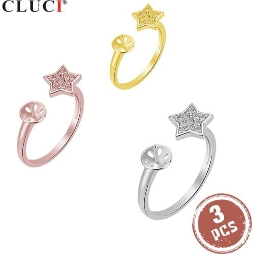 CLUCI 3pcs 100% 925 Sterling Silver Star Ring Cute Women Jewelry Adjustable Rose Gold Pearl Ring Mounting SR2078SB