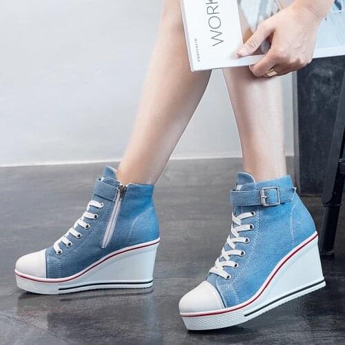 High Top Canvas Women Wedge Shoes Womens Denim Ankle Lace Up Ladies Ankle Canvas Shoes Woman 8cm Heels Sneakers