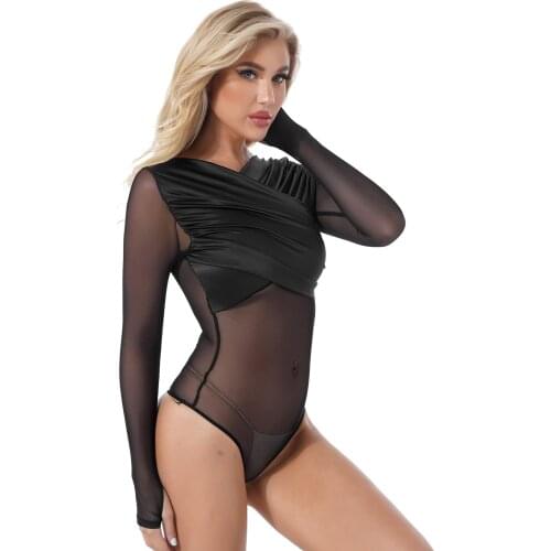 Women Long Sleeve Wrapped V Neck Slim Fit Leotard Bodysuits Sissy Lingerie Costume Sexy Sheer Mesh Patchwork Catsuit Jumpsuit