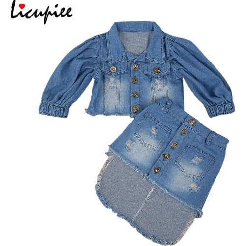 Kids Two- Piece Clothes Set, Girls Blue Fashion Baby Girl Puff Sleeve Open Front Denim Jacket + Irregular Hem Skirt 1-6 Years