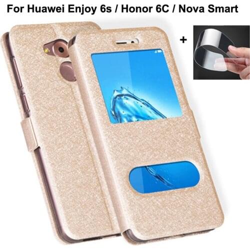 Front Window Leather Filp Case For Huawei Honor 6C phone cover For Huawei Enjoy 6s 6 s back cases For Huawei Nova Smart case