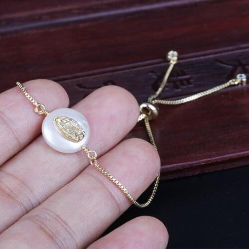 2020 Hot Sale Tiny Gold Virgin Mary Charm Natural Freshwater Pearl Bead Connector Thin Unisex Link Bracelet For Women Men Gift