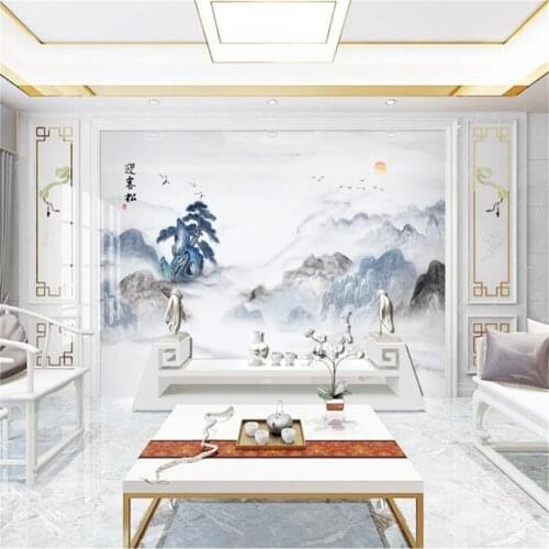 Milofi new Chinese jazz white stone pattern ink landscape welcoming pine mural wallpaper background wall