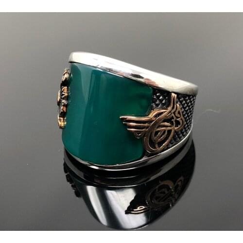 Oval Green Agate Stone Ottoman Masterwork Ring for Men 925 Sterling Silver Collocation Fashion Natural Fine Jewelery Gift idea