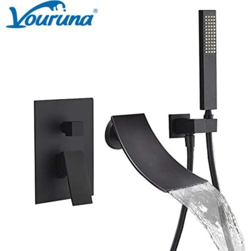 VOURUNA Wall Mounted Bathtub Filler Shower Mixer Tap Faucet Waterfall Spout with Hand Shower in Solid Black