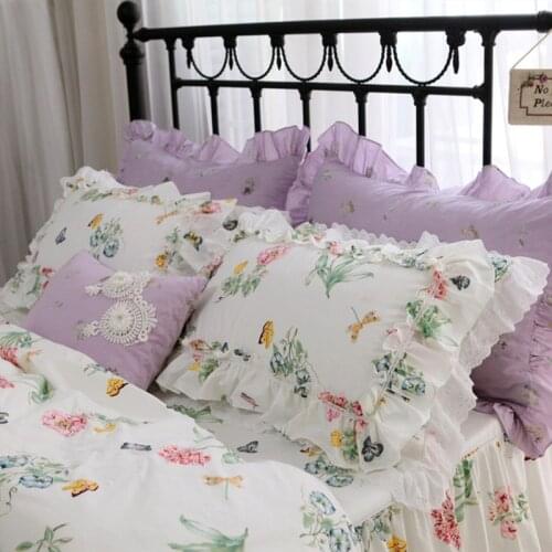 2pcs rustic butterfly love flower print pillowcase big ruffle lace 100% cotton pillowcover bed bedding pillow cases pillow sham