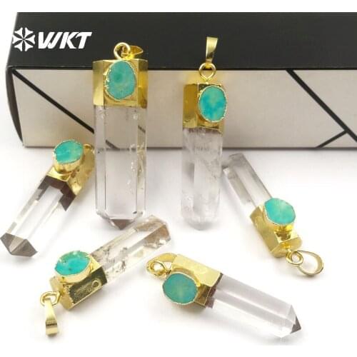 WT-P1405 WKT Wholesale natural crystal quartz with green stone charm pendant long point lady girl necklace pendants random size