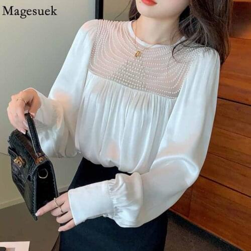 Autumn Casual O-neck Beading Stitching Blouse Elegant Mesh Satin Chiffon Shirt Long Sleeve Pleated Loose Vintage Blouse 17049