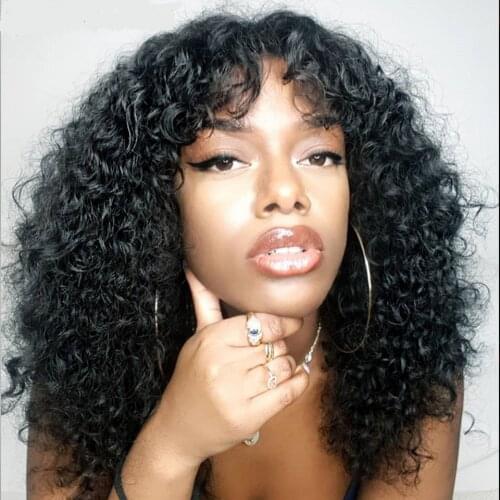 Curly Human Hair Wigs For Black Women Brazilian Remy Hair Full Machine Wig With Bangs Pre Plucked 8"-32"Inches Natural Black