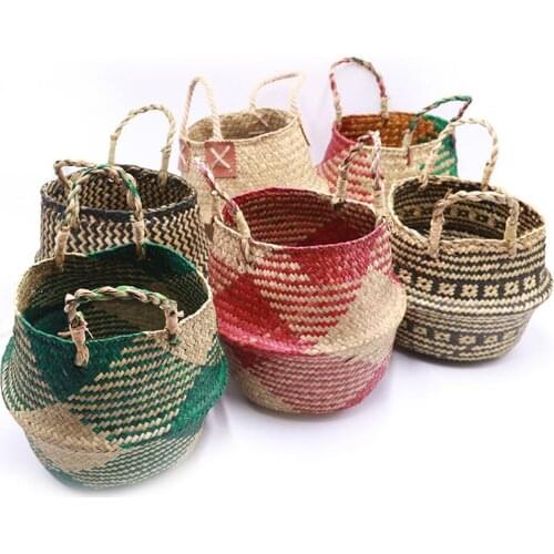 Hanging Laundry Basket Foldable Seagrass Flower Basket Handwoven Flowers Straw Basket for Plant Flower Pot Toy Laundry Storage