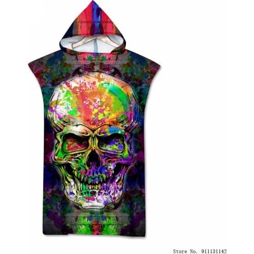 Painted Skull 3D Double-sided Print Adult Hooded Bathrobe Home Fitting Short-sleeved Gown Pyjamas Comfy Beach Towel Poncho