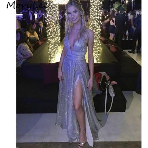 Sexy Evening Dresses Shining Spaghetti Straps A-Line Side Slit Sequins Evening Dresses Zipper Back vestidos de fiesta de noche