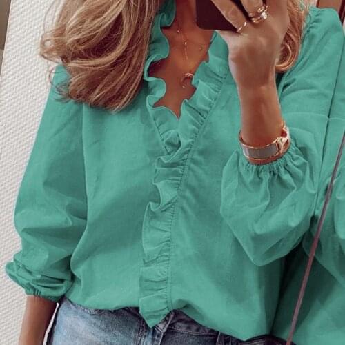 Chic Chiffon Shirt Loose Tops Women Pure Color Layer Flounce V-neck Long Sleeve High Waist Pullover Shirt Slim Blouses New