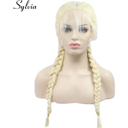 Sylvia 613# blonde two ponytail braided synthetic lace front wigs with baby hair natural box braids heat resistant fiber hair