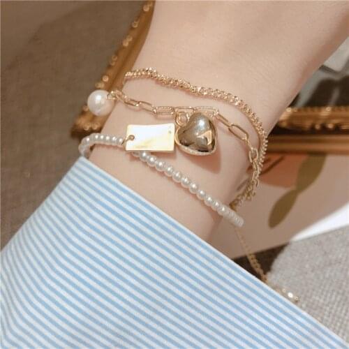 Korean 3 Layers Heart Pendant Metal Chain Pearls Beaded Charm Bracelet Set Gold Color Womens Bracelets Fashion Jewelry YBR307