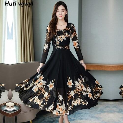 2021 Vintage Long Sleeve Maxi Dresses Autumn Winter 3XL Plus Size Floral Chiffon Midi Dress Elegant Women Bodycon Party Vestidos