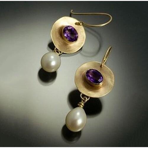 Vintage Gold Color Simulated Pearl Earrings Purple Stone Disc Pendant Dangle Earring For Women Elegant Fashion Jewelry