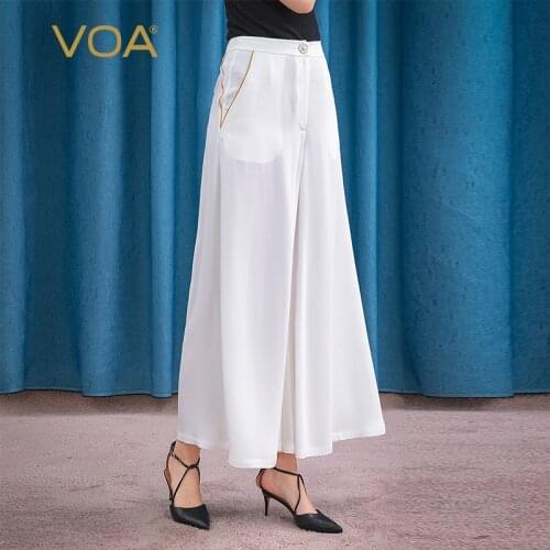 VOA Silk Heavy 30m/m Waist Bump Gold Piping Beaded Buckle Crisp Summer and Autumn OL Skirt Wide Leg White Pants KE102