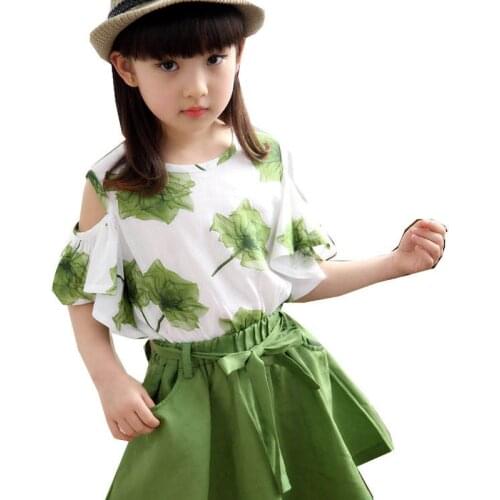 Girls Summer Children Clothing Maple Skirt Baby Sports Girls Clothing Set New Print Top Skirt Suit 3 6 8 10 12 Years Old
