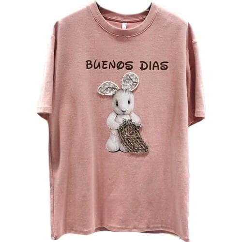 Summer T Shirt Women New Heavy Industry Nail Bead Sequin Cute Rabbit Harajuku 95% Cotton Tees Tops Student Short Sleeve Pink