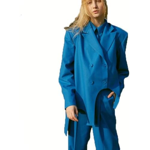 Women Blue Hem Irregular Big Size Lazer New Lapel Long Sleeve Light Blue Jacket Fashion Tide Spring Autumn 2020 K883