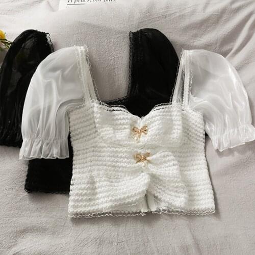 2021 Women New Mesh Stitching Blouse Square Neck Clavicle Folds shirt Women Summer Short Cropped Puff Sleeve Top