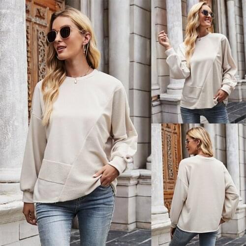 Women Sweatshirts Fashion Hoodies Pocket Casual Loose Top Female Long Sleeve O Neck Pullovers Lady Solid Streetwear