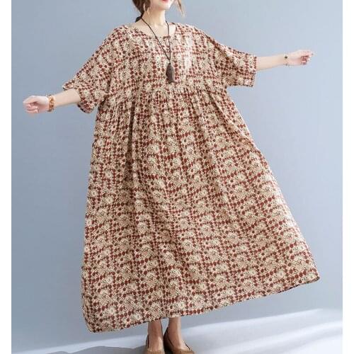 4XL 5XL 6XL One Piece Sundress Women Summer Dress Oversize Cotton Floral Printed Boho Beach Long Dress Retro Robe Female Boho