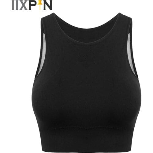 Women Dance Costume Tank Tops Sleeveless Mesh Spliced Back Low Impact Padded Yoga Sport Bra Crop Tops Workout Fitness Dancewear